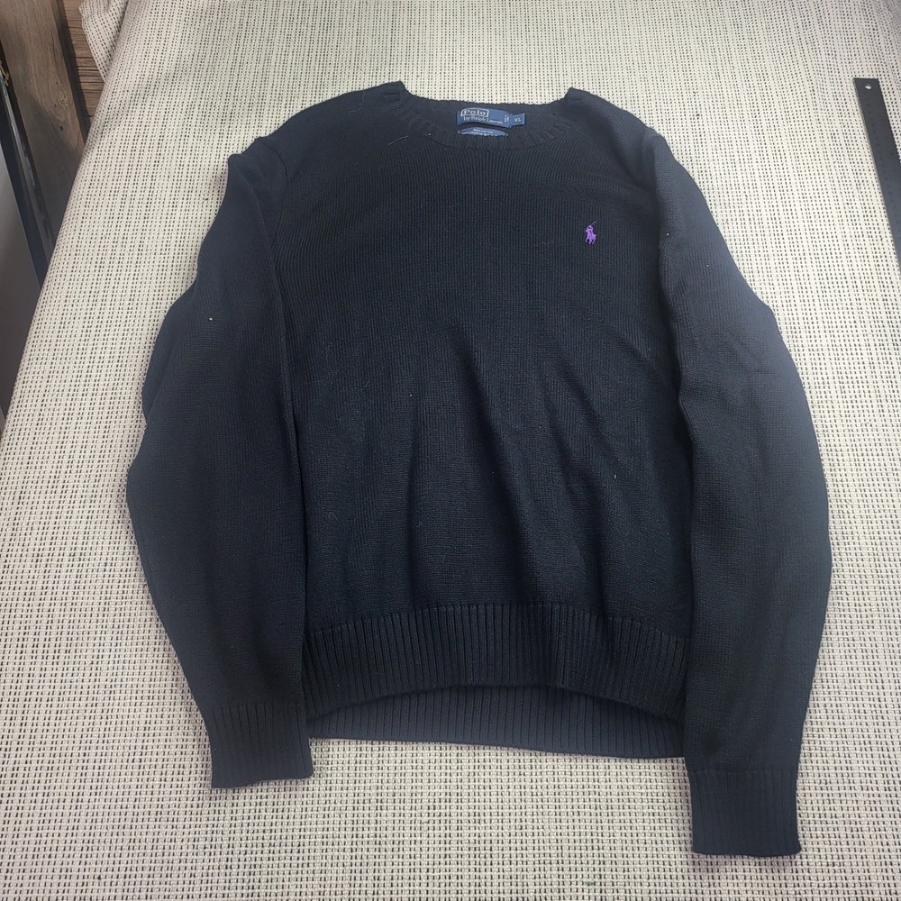 Polo Ralph Lauren Sweater Mens XL Black Crewneck Cotton Purple Pony Logo Knit